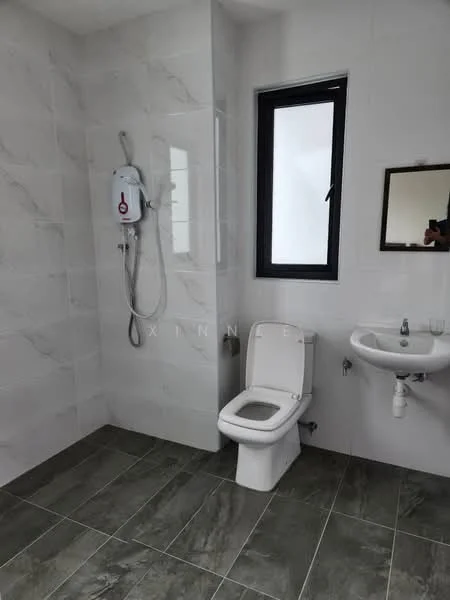 Bathroom features: white wall tiles with marble pattern, grey floor tiles, one-piece toilet, wall-mounted shower with water heater, small sink with wall-mounted faucet, mirror above sink, window for natural light; style: modern.
