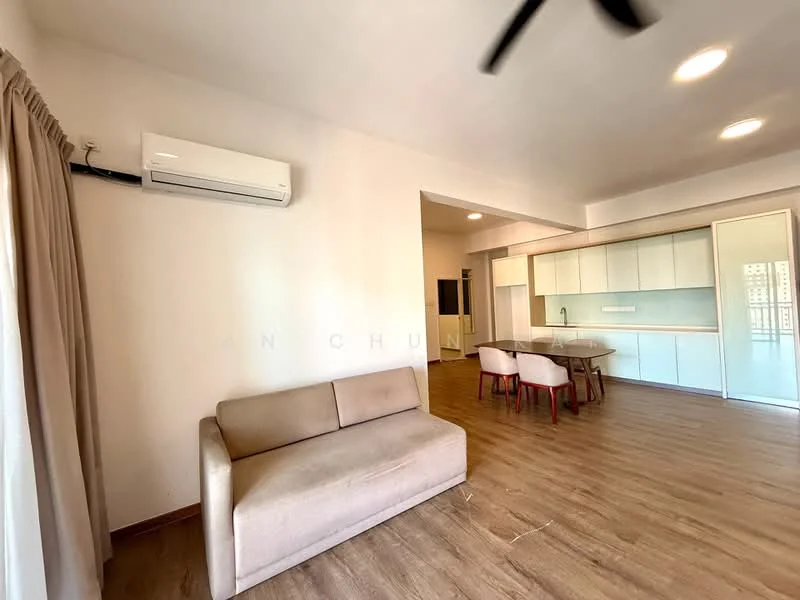 Living features: light wood laminate flooring, cream painted walls, 5-blade ceiling fan, wall-mounted split AC, sofa in beige fabric, dining table with chairs, built-in cabinetry, floor-to-ceiling windows with sheer curtains; style: modern.