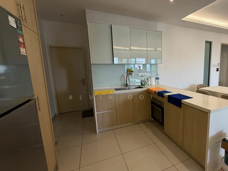 Kitchen features: light wood cabinetry, white countertop, single-bowl stainless-steel sink, chrome pull-down faucet, built-in oven, stainless-steel fridge, ceramic tile flooring, recessed downlights, open shelving, kitchen island, grey wall tiles, white upper cabinets, yellow and blue dish towels; style: modern.