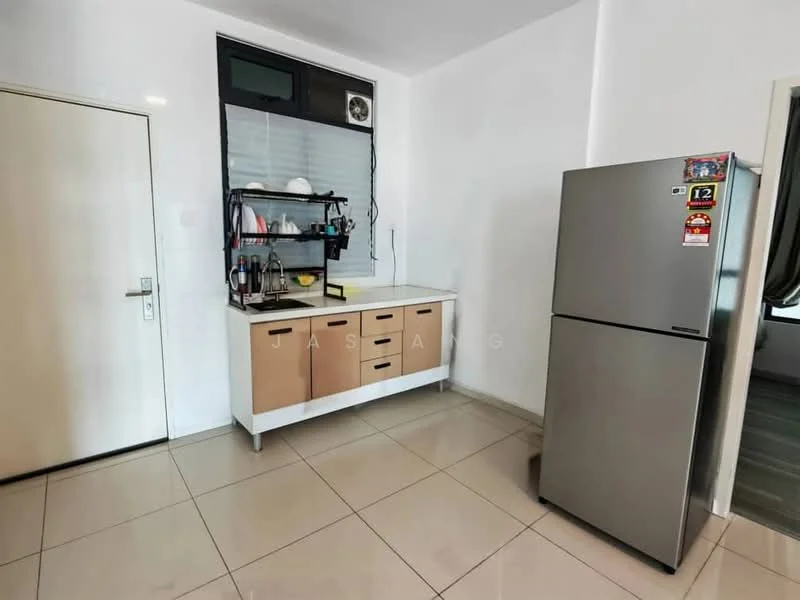 Kitchen features: white painted walls, glossy tile flooring, stainless-steel fridge, wood cabinetry with beige finish, open shelving, countertop with sink, built-in air conditioning unit, kitchen appliances visible; style: modern.