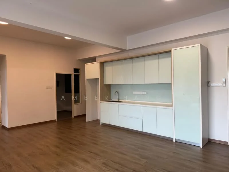 Living features: laminate flooring, white painted walls, kitchenette with light green cabinetry, single-bowl stainless-steel sink, built-in countertop, open layout, recessed downlights, doorway leading to another room; style: modern.