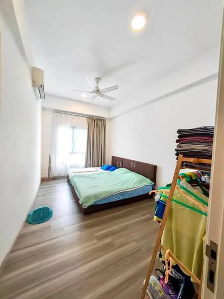 Bedroom features: queen-size bed with blue and green bedding, light wood flooring, white painted walls, ceiling fan, floor-to-ceiling window with sheer curtains, built-in wardrobe, stack of towels on a shelf, laundry rack with clothes; style: modern.