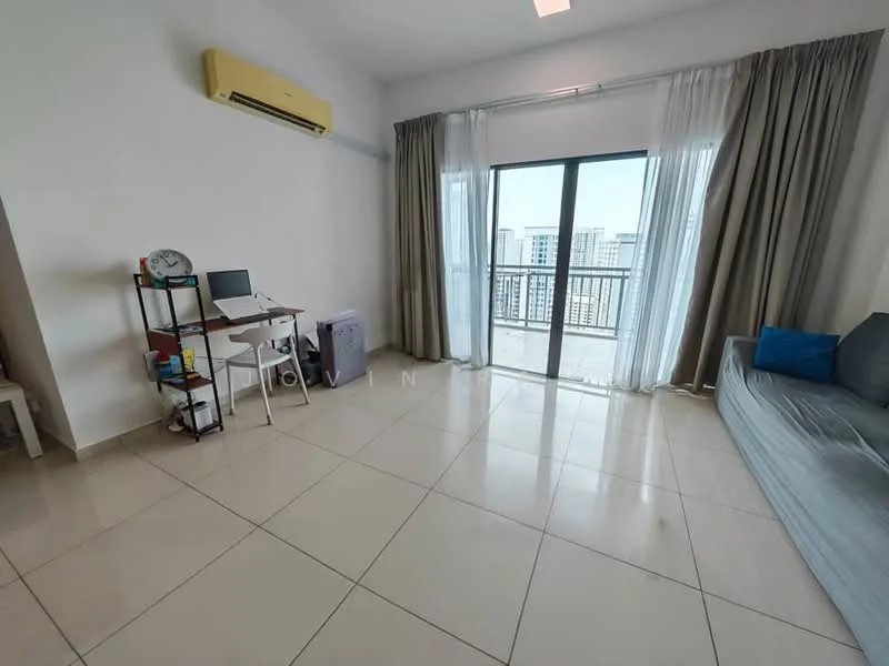 Living features: cream painted walls, white ceiling, large sliding glass door, floor-to-ceiling windows, grey fabric sofa, white dining table with chairs, air conditioning unit, tile flooring, curtains, small desk, computer monitor, purple mini fridge; style: modern; view: city.