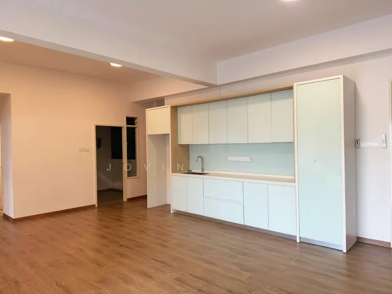 Kitchen features: white cabinetry, light green backsplash, single-bowl stainless-steel sink, chrome pull-down faucet, built-in countertop, open shelving, vinyl plank flooring, recessed downlights; style: modern. Room features: white painted walls, doorway leading to another room, vinyl plank flooring.