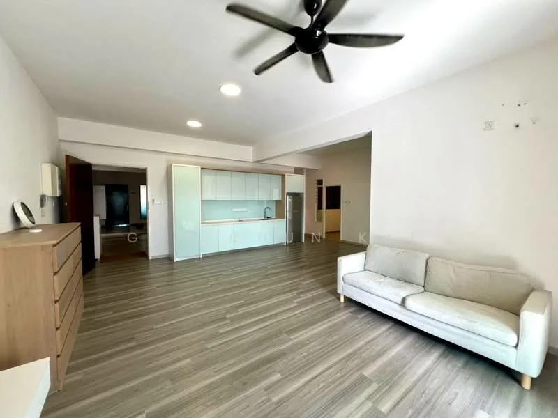 Living features: light wood laminate flooring, white painted walls, 5-blade ceiling fan with light, sofa in light fabric, large open space, natural light from windows, TV console, dining area visible in background; style: modern. Kitchen features: white cabinetry, kitchen island, built-in appliances, open-plan layout; style: modern.