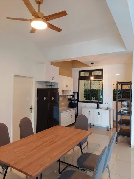 Kitchen features: white cabinetry, black refrigerator, built-in oven, stainless-steel sink, chrome pull-down faucet, white countertop, pendant light, 5-blade ceiling fan, tile flooring, open shelving, dining table with chairs, window with garden view; style: modern; view: garden.