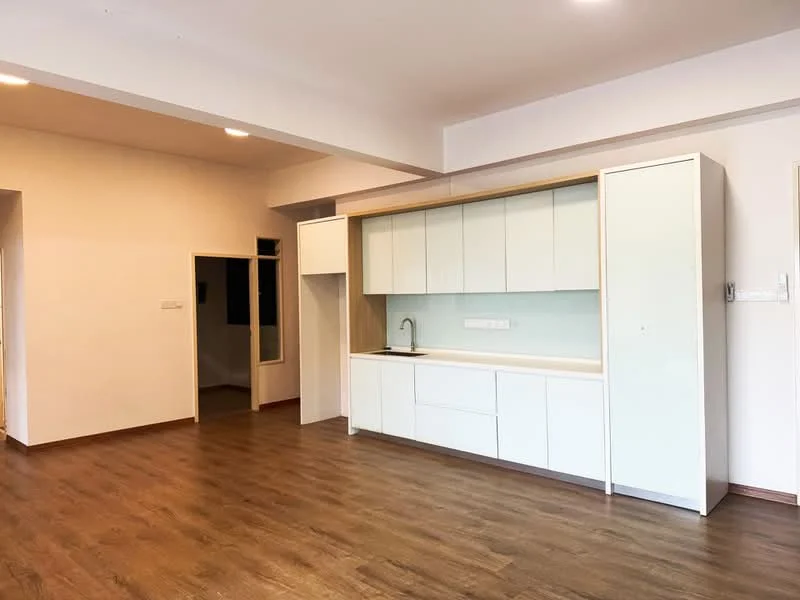 Living features: laminate wood flooring, white painted walls, kitchenette with white cabinetry, single-bowl stainless-steel sink, chrome pull-down faucet, open shelving, built-in cabinets, recessed downlights, large window, door leading to another room; style: modern.