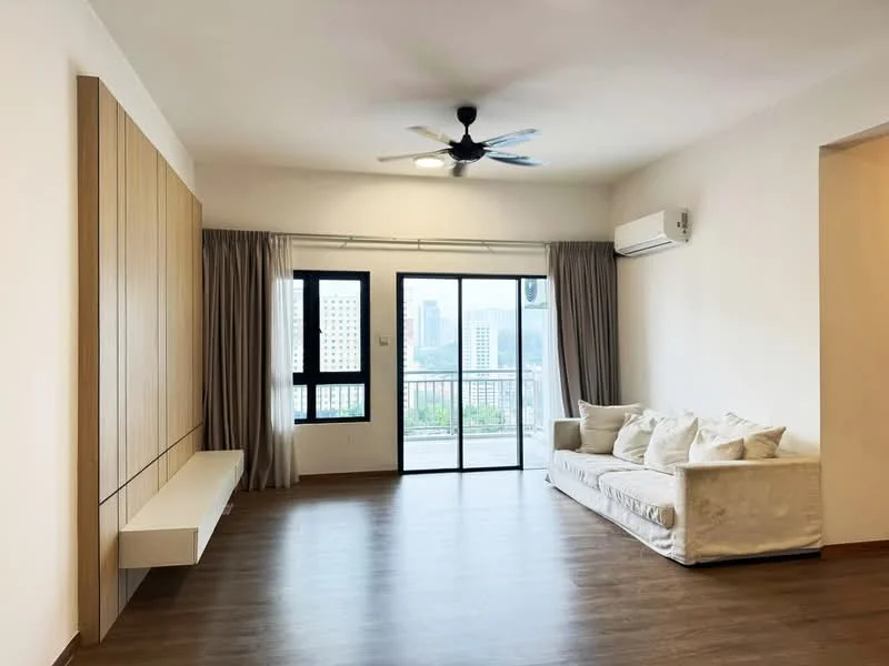 Living features: light wood laminate flooring, white painted walls, ceiling fan with light, floor-to-ceiling windows, sliding glass door, sheer curtains, built-in wooden feature wall, sofa with white upholstery, coffee table, air conditioning unit; style: modern; view: city.