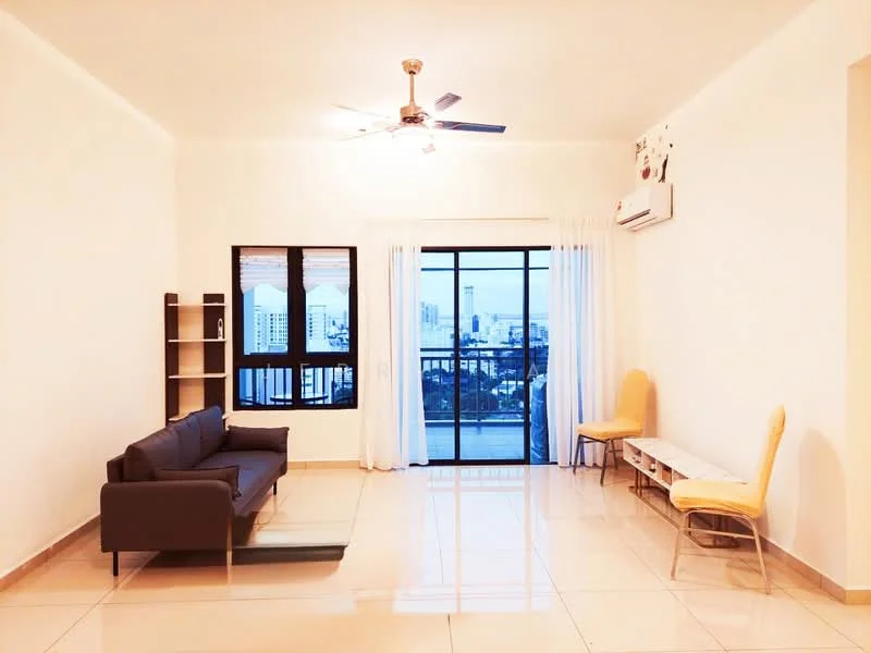 Living features: 3-seater fabric sofa in grey, floor-to-ceiling windows, sliding glass door, sheer curtains, ceiling fan with light, wall-mounted air conditioning unit, tile flooring, white painted walls, coffee table, 2 upholstered dining chairs, open shelving unit, TV console; style: modern; view: city.