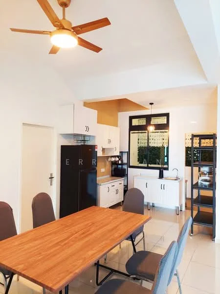 Dining features: wooden dining table, 4 grey upholstered dining chairs, ceiling fan with light, white painted walls, tile flooring, large window with garden view, black refrigerator, white cabinetry, kitchen countertop, sink, kitchen appliances visible; style: modern; view: garden.
