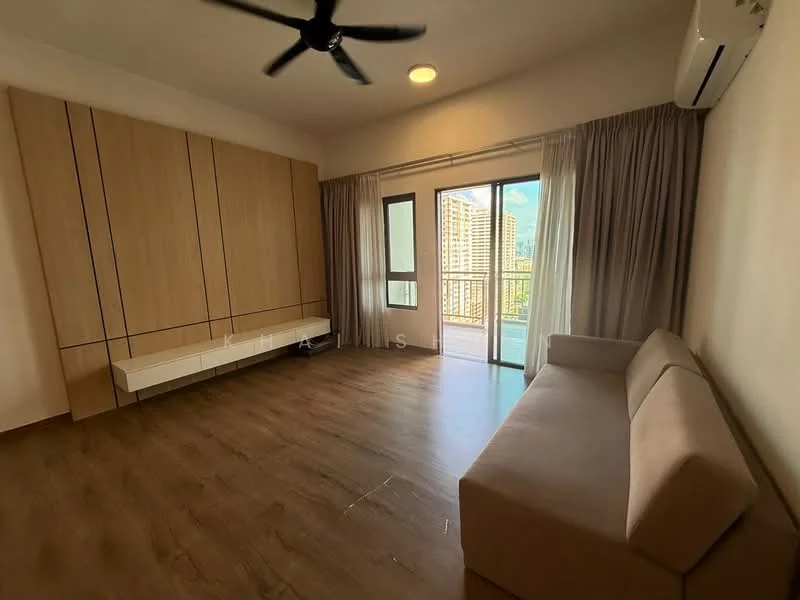 Living features: light wood laminate flooring, cream painted walls, floor-to-ceiling windows, sliding glass door, sheer curtains, 5-blade ceiling fan, wall-mounted air conditioning unit, built-in wooden cabinetry, sofa in beige fabric, TV console with white finish; style: modern; view: city.