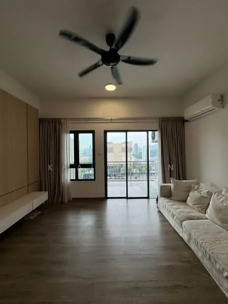 Living features: 5-blade ceiling fan with light, floor-to-ceiling windows, sliding glass door, cream painted walls, laminate flooring, sofa in white fabric, curtains in light fabric, air conditioning unit; style: modern; view: city.