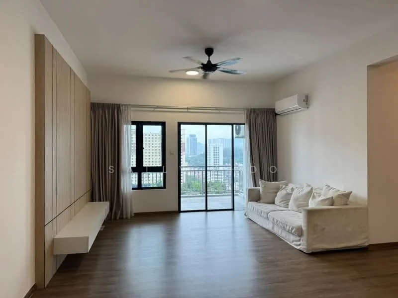 Living features: light wood laminate flooring, white painted walls, ceiling fan with light, floor-to-ceiling windows, sliding glass door, sheer curtains, built-in wooden wall unit, sofa with white upholstery, wall-mounted air conditioning unit; style: modern; view: city.
