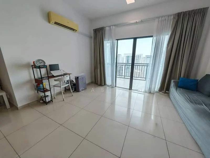 Living features: cream painted walls, glossy ceramic tile flooring, 5-blade ceiling fan with light, floor-to-ceiling sliding glass door, sheer curtains, grey fabric sofa, blue decorative cushion, small study desk with chair, air conditioning unit, balcony view; style: modern; view: city.