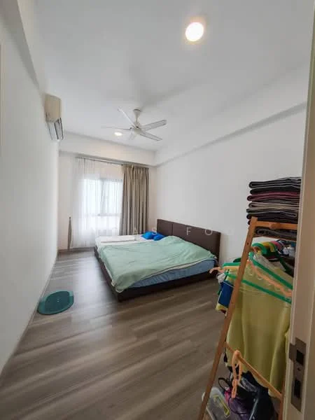 Bedroom features: queen-size bed with blue and green bedding, wooden flooring, white painted walls, ceiling fan, floor-to-ceiling window with sheer curtains, light-colored curtains, built-in wardrobe, laundry rack with clothes; style: modern.