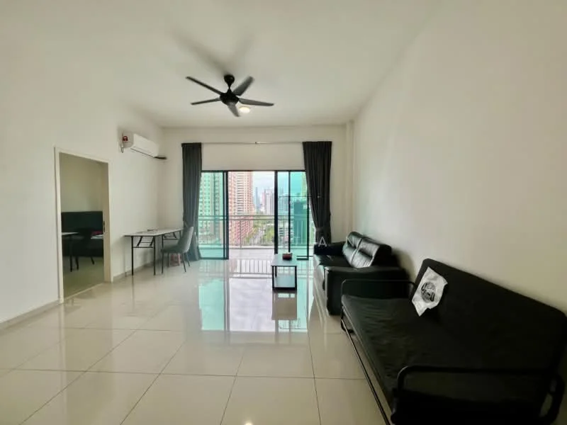 Living features: white painted walls, glossy tile flooring, 5-blade ceiling fan with light, floor-to-ceiling windows, sliding glass door, grey curtains, black fabric sofa, black metal frame sofa bed, coffee table, study desk, wall-mounted air conditioning unit; style: modern; view: city.