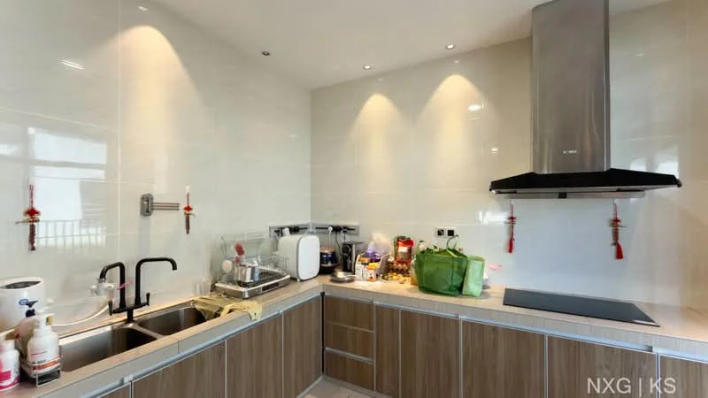Kitchen features: L-shaped countertop, stainless-steel double-bowl sink, chrome pull-down faucet, built-in stove, stainless-steel range hood, light-colored wall tiles, wood cabinetry, countertop with integrated storage, recessed LED downlights, kitchen appliances visible, decorative wall hangings; style: modern.