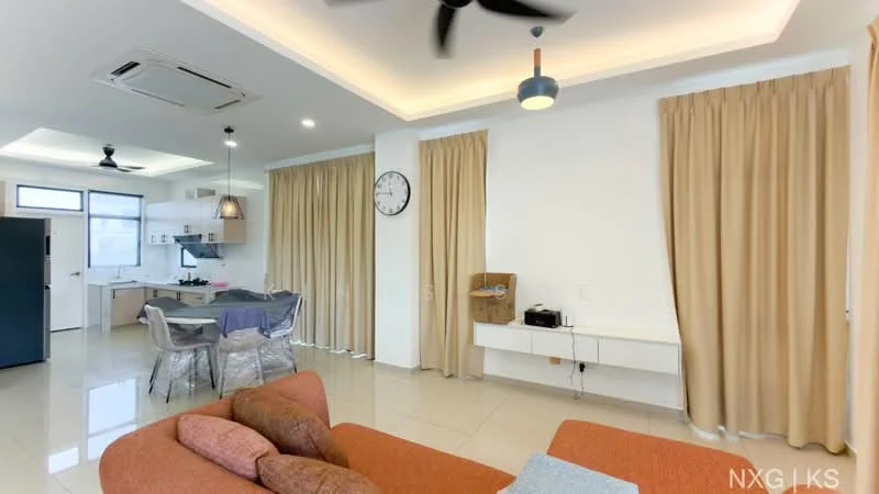 Living features: orange fabric sofa, ceiling fan with light, recessed LED downlights, wall-mounted clock, white painted walls, cream curtains, tile flooring, built-in media console; style: modern. Dining features: 4-seater dining table, grey upholstered dining chairs, open kitchen layout, kitchen island, white cabinetry; style: modern.