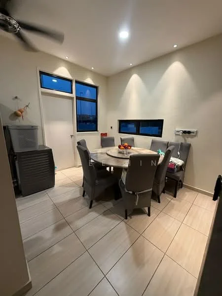 Dining features: round dining table, upholstered dining chairs, ceiling fan, recessed LED downlights, large window, white painted walls, tile flooring, decorative fruit bowl on table; style: modern.