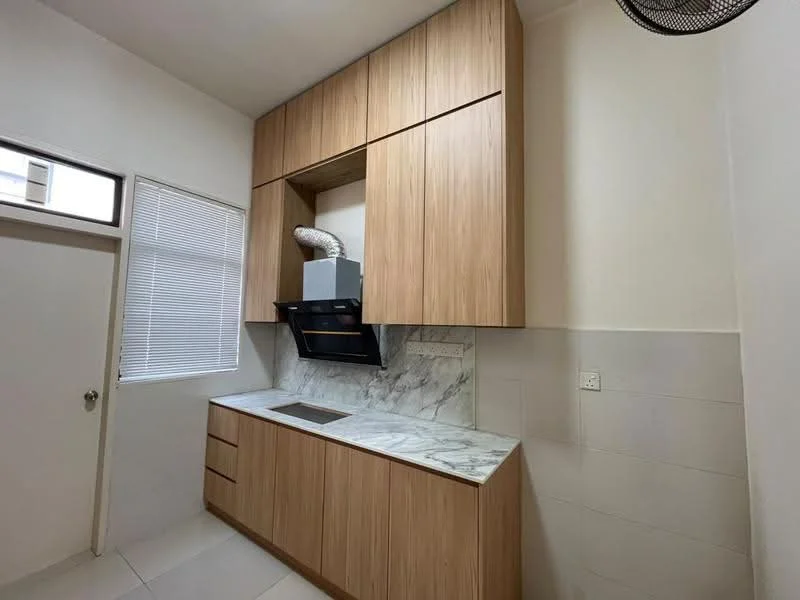 Kitchen features: wood cabinetry, marble countertop, built-in stove, stainless-steel range hood, white tiled backsplash, single-bowl stainless-steel sink, drawer storage, under-cabinet lighting, window with blinds; style: modern.