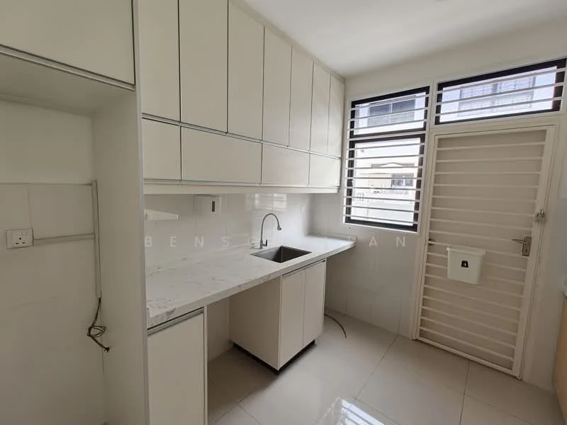 Kitchen features: white cabinetry with flat-panel doors, marble countertop, single-bowl stainless-steel sink, chrome pull-down faucet, wall-mounted window with horizontal slats, white tiled backsplash, light-colored floor tiles, door leading to exterior; style: modern.