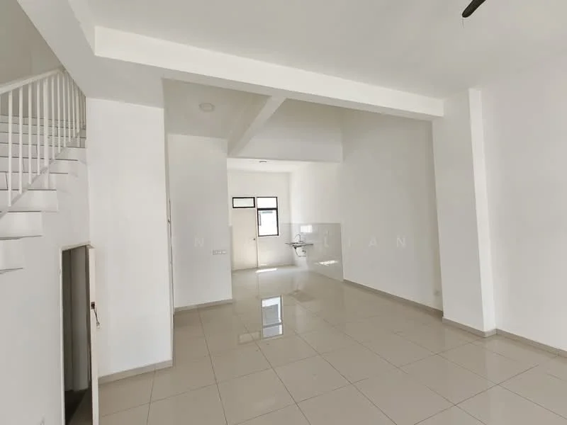 Room features: white painted walls, polished ceramic tile flooring, high ceiling, large windows, open layout, staircase with white railing, kitchen area visible in background, natural light from windows; style: modern.