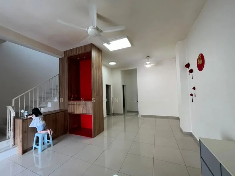 Living features: glossy ceramic tile flooring, white painted walls, ceiling with recessed lighting, 5-blade ceiling fan, staircase with wooden railing, built-in wooden cabinetry with red accent, open layout, large window for natural light; style: modern.