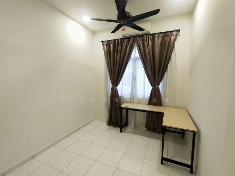 Study features: white painted walls, tile flooring, 5-blade ceiling fan, floor-to-ceiling window, sheer curtains, brown blackout curtains, wooden desk, natural light; style: minimalist.