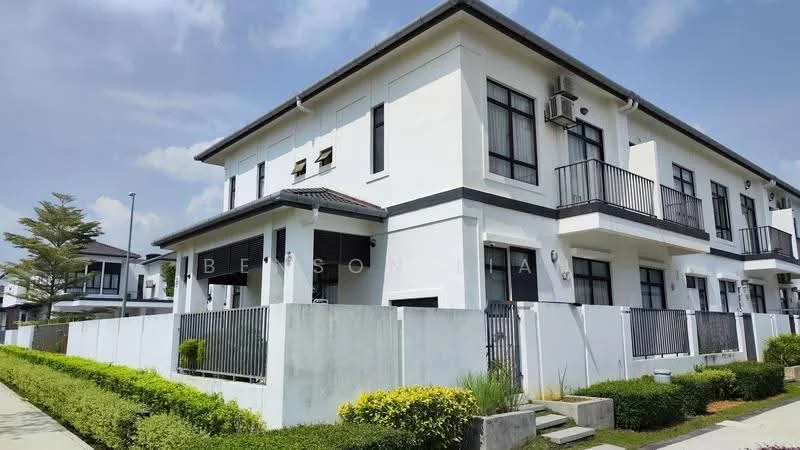 Exterior type: semi-detached house; features: white painted facade, flat roof, two-storey structure, balconies with black railings, manicured lawn, hedge landscaping, driveway with interlocking pavers, air conditioning units visible, surrounded by greenery, modern architectural design; style: modern.