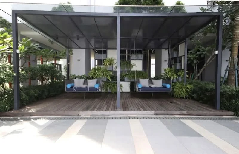 Exterior type: landscape garden; features: covered seating area, wooden decking, metal frame structure, potted plants, greenery surrounding seating, outdoor cushions, concrete pathway, landscaped garden; style: modern.