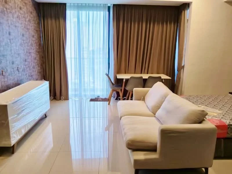 Living features: cream fabric sofa, coffee table, TV console, floor-to-ceiling windows, sheer curtains, dark wood dining table, 4 dining chairs, light-colored tile flooring, exposed brick accent wall, recessed downlights, decorative wall paneling; style: modern; view: city.