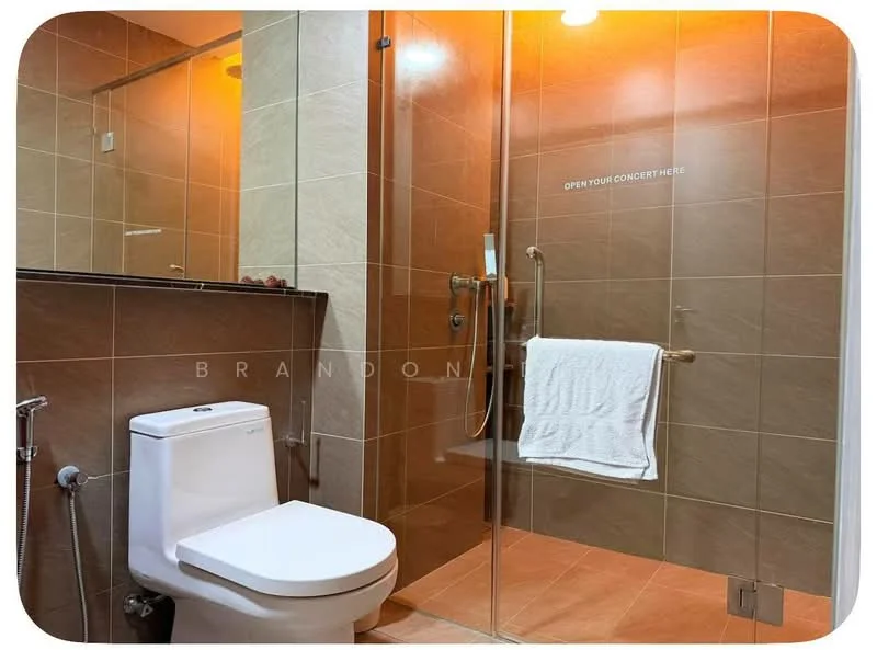 Bathroom features: walk-in shower with glass enclosure, rain shower head, handheld shower, single-sink vanity with dark wood cabinet, chrome basin mixer, framed mirror, one-piece toilet, towel rack, tile cladding to ceiling, ceramic tile flooring, recessed downlights; style: modern.