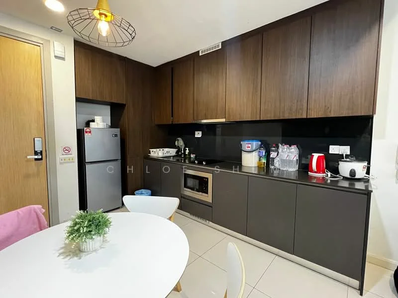 Kitchen features: dark wood cabinetry, black countertop, built-in oven, stainless-steel fridge, microwave, kettle, toaster, white round dining table, 4 dining chairs, tile flooring, pendant light fixture, sink, water dispenser; style: modern.