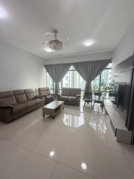 Living features: 3-seater fabric sofa in beige, 2-seater fabric sofa in beige, coffee table, floor-to-ceiling windows, curtains in grey, recessed downlights, ceiling fan with light, wall-mounted TV, TV console, polished tile flooring, decorative plant in pot, neutral wall colour; style: modern; view: city.