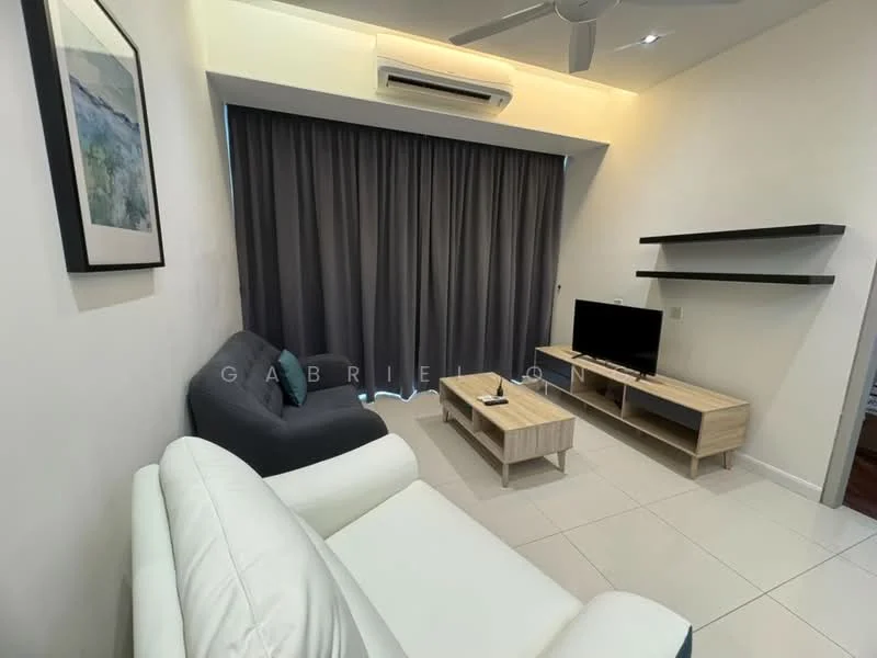 Living features: 3-seater fabric sofa in grey, 2-seater leather sofa in white, wooden TV console, wall-mounted TV, floating shelf, floor-to-ceiling curtains in dark grey, recessed downlights, ceiling fan, tile flooring, decorative artwork on wall; style: modern.