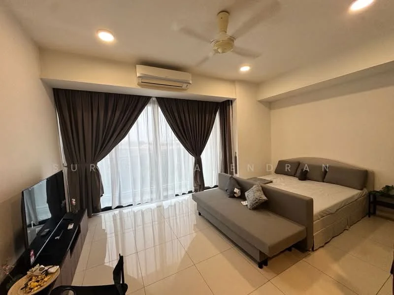Living features: floor-to-ceiling windows, sheer curtains, grey fabric sofa, coffee table, wall-mounted TV, air conditioning unit, light-colored walls, glossy tile flooring, ceiling fan, bed with grey bedding, decorative pillows; style: modern; view: city.