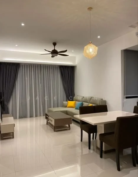 Living features: 3-seater fabric sofa in light grey, coffee table with wooden top, TV console, area rug, floor-to-ceiling windows with sheer curtains, 5-blade ceiling fan, recessed downlights, pendant light fixture, white painted walls, glossy porcelain tile flooring; style: modern. Dining features: 4-seater dining table, upholstered dining chairs in brown, white tabletop, minimalist design; style: modern.