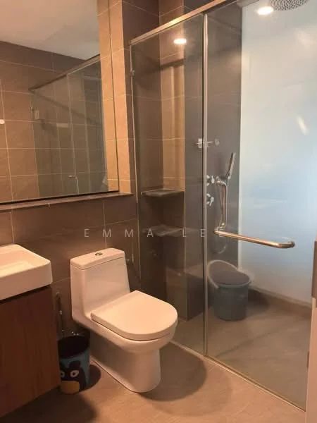 Bathroom features: single-sink vanity with wood cabinet, chrome basin mixer, framed mirror, one-piece toilet, walk-in shower with glass enclosure, handheld shower, tile cladding, light grey tile flooring, recessed downlights; style: modern.