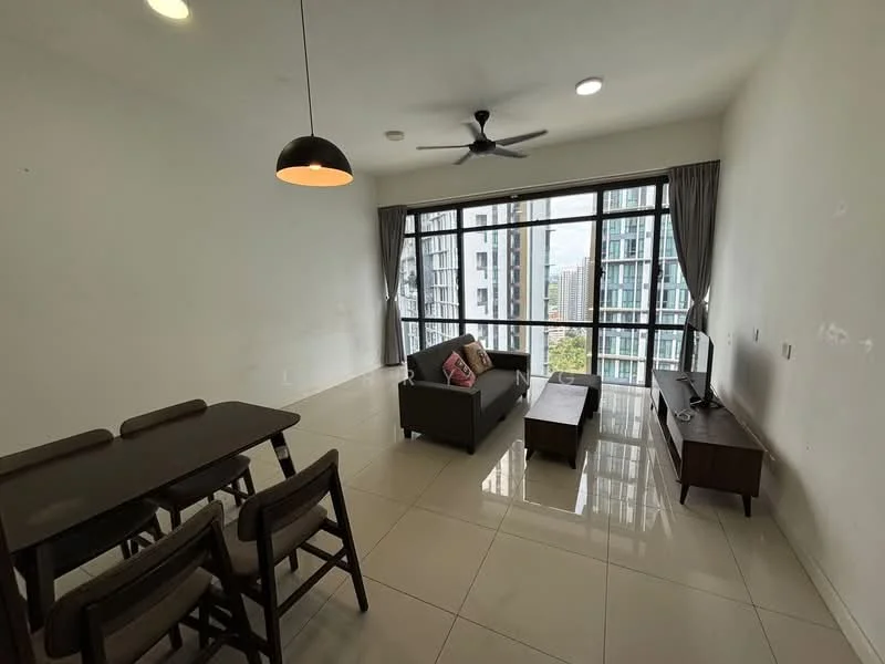 Living features: floor-to-ceiling windows, grey fabric sofa, 2-seater sofa, wooden coffee table, TV console, 4-seater dining table, dining chairs, ceiling fan, pendant light, white painted walls, glossy tile flooring, curtains; style: modern; view: city.