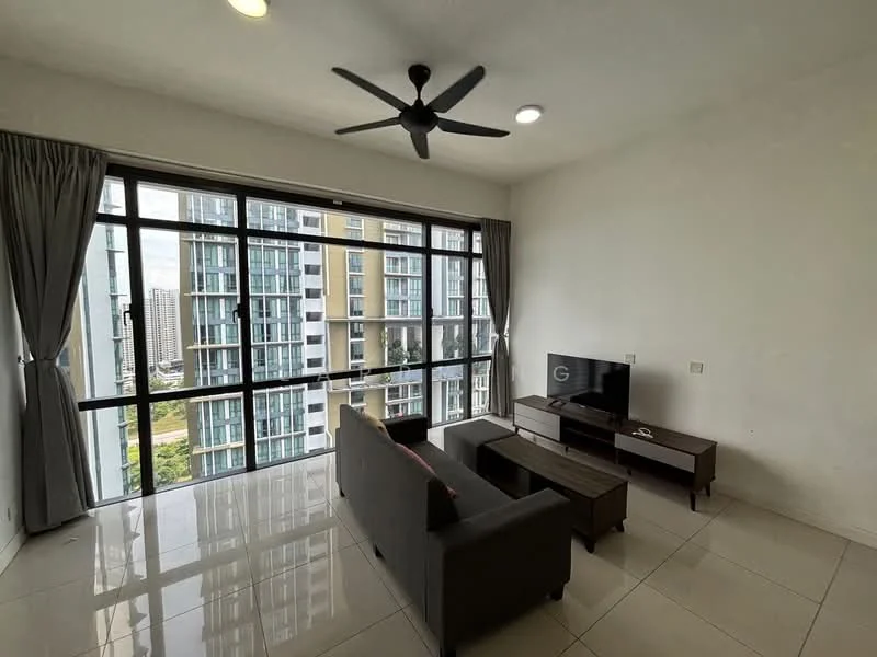 Living features: 3-seater fabric sofa in grey, ceiling fan, wall-mounted TV, TV console, large floor-to-ceiling windows, curtains, polished ceramic tile flooring, recessed downlights; style: modern; view: city.