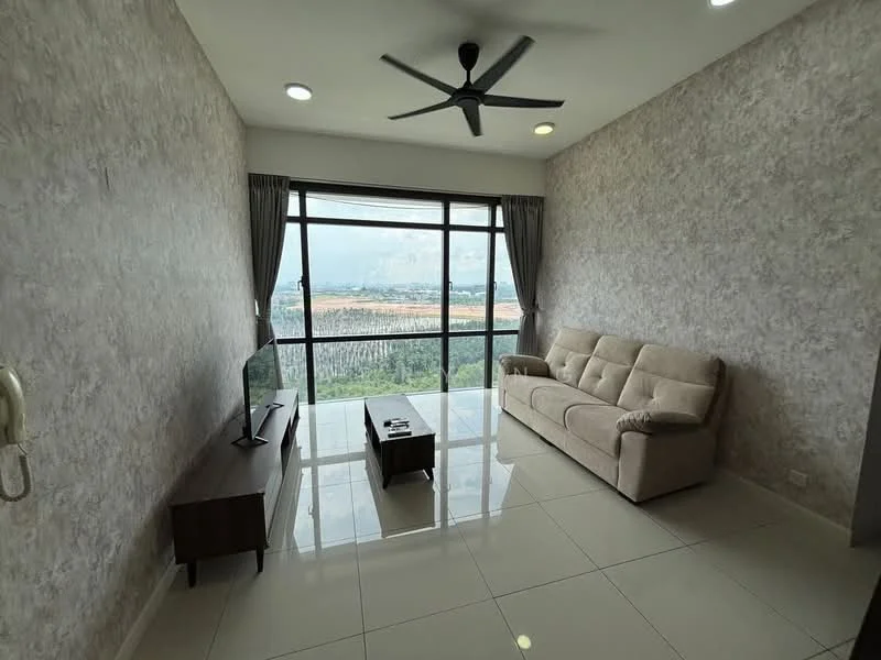 Living features: light grey wallpaper with texture, white painted walls, glossy white tile flooring, 5-blade ceiling fan with light, large floor-to-ceiling windows, curtains in grey, beige fabric sofa, wooden TV console, flat-screen TV, coffee table, view of landscape, natural light; style: modern; view: landscape.
