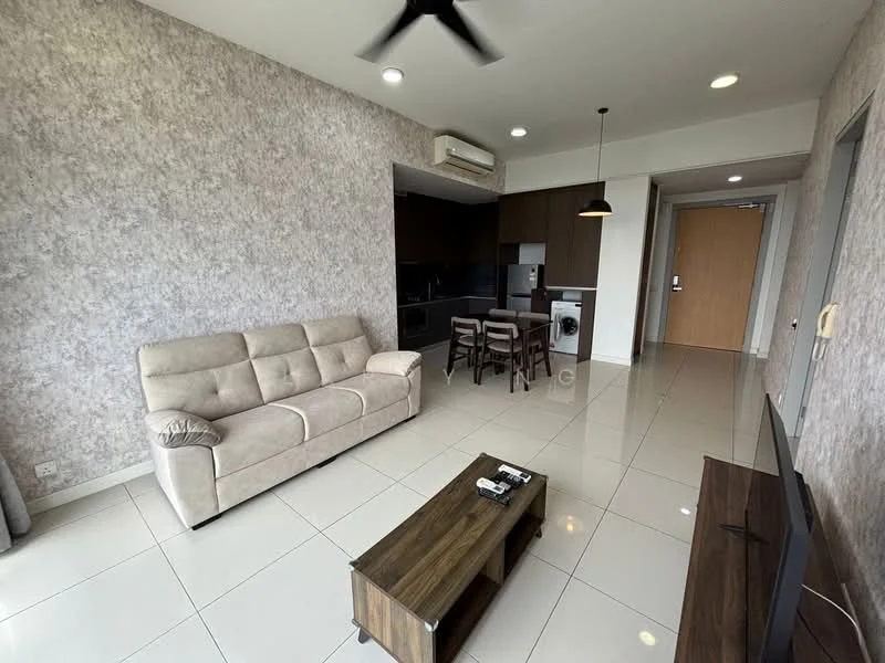 Living features: beige fabric 3-seater sofa, wooden coffee table, wall-mounted TV, floor-to-ceiling windows, grey wallpaper, white tiled flooring, ceiling fan, recessed downlights, dining table with 4 chairs, kitchenette with dark cabinetry, built-in washing machine, open layout; style: modern.