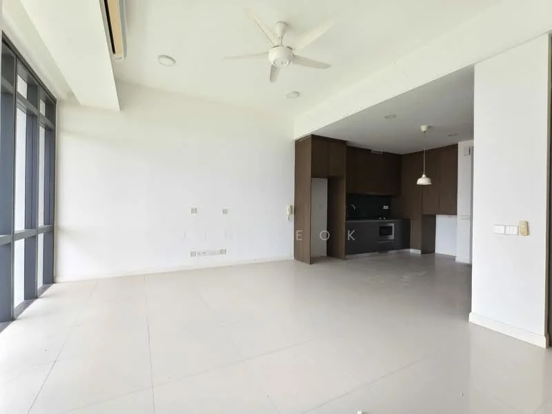 Living features: white painted walls, light-colored tile flooring, 5-blade ceiling fan, floor-to-ceiling windows, open kitchen layout, kitchen island, recessed downlights, pendant light, built-in cabinetry, stainless-steel appliances; style: modern; view: city.