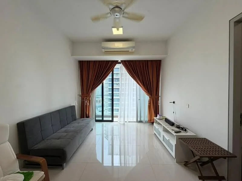 Living features: 3-seater fabric sofa in grey, floor-to-ceiling windows, sheer curtains, sliding glass door, white painted walls, polished ceramic tile flooring, ceiling fan, wall-mounted split AC, TV console, decorative table, area rug; style: modern; view: city.