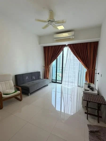 Living features: grey fabric sofa, white armchair with wooden frame, ceiling fan, wall-mounted air conditioning unit, floor-to-ceiling windows, sheer curtains, dark brown curtains, white tiled flooring, coffee table, side table, decorative wall art; style: modern; view: city.