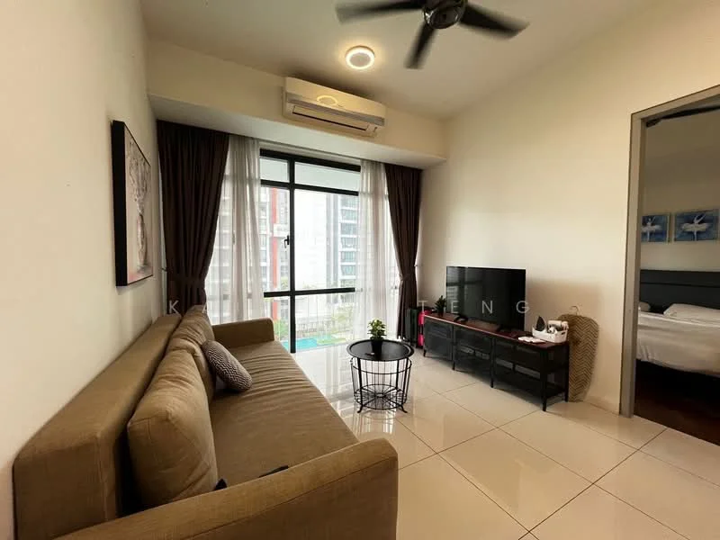 Living features: 3-seater fabric sofa in beige, coffee table, wall-mounted TV, TV console, floor-to-ceiling windows, sheer curtains, recessed downlights, ceiling fan, white painted walls, glossy tile flooring; style: modern; view: city.