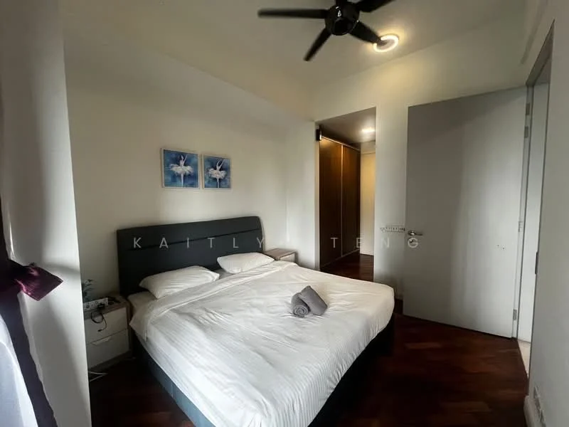 Bedroom features: king-size bed with white bedding, upholstered headboard in grey, 2 bedside tables, table lamps on bedside tables, ceiling fan with light, wooden flooring, white painted walls, built-in wardrobe, decorative artwork on walls; style: modern.