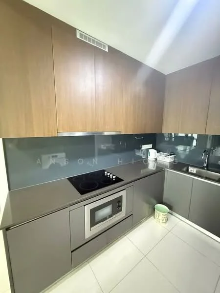 Kitchen features: wood cabinetry, grey lower cabinets, grey countertop, built-in microwave, stainless-steel range hood, 4-burner electric cooktop, glass backsplash, white tile flooring, under-cabinet lighting; style: modern.