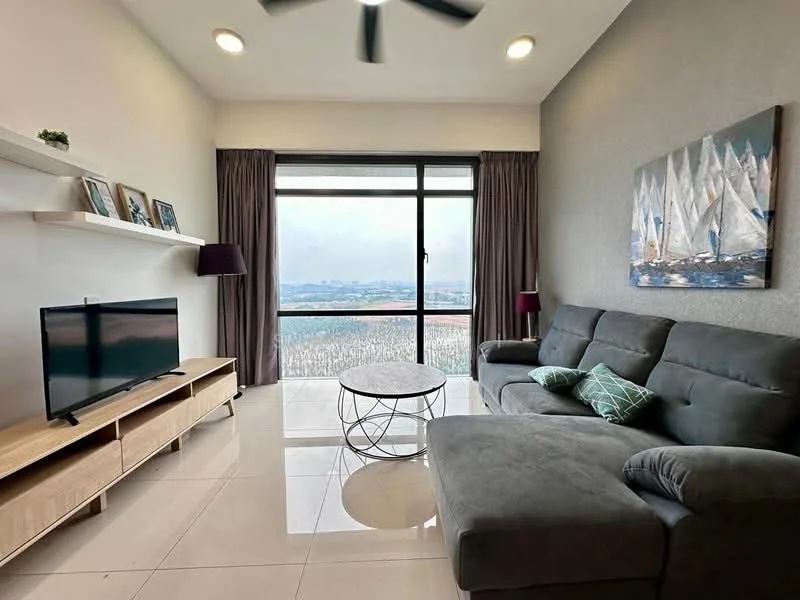 Living features: grey fabric sectional sofa, round coffee table, TV console with storage, wall-mounted TV, floor-to-ceiling windows, curtains, decorative artwork on wall, shelf with photo frames, recessed downlights, ceiling fan; style: modern; view: city.