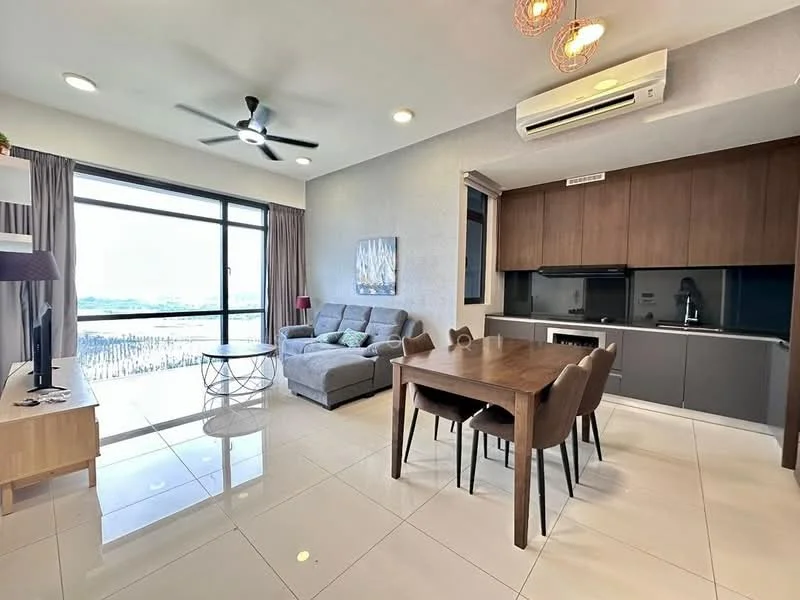 Living features: grey fabric sofa, coffee table, TV console, wall-mounted TV, ceiling fan with light, recessed downlights, floor-to-ceiling windows, curtains, dining table with chairs, kitchen cabinetry, black countertop, built-in oven, stainless-steel sink, stainless-steel range hood, white tiled flooring; style: modern; view: city.
